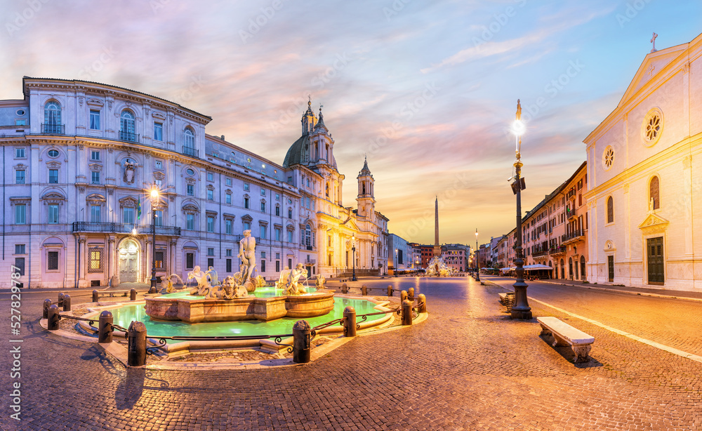 Piazza Navona with the Moor Fountain and Basilica at sunrise, Rome, Italy