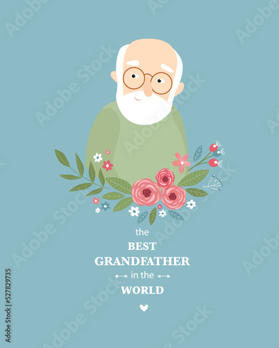 Print. Nice old man. Cartoon grandfather. The best grandfather in the world. Cartoon character. Grandma and Grandpa's Day. Poster, postcard, invitation.