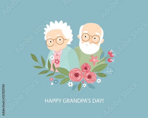 Print. Nice old couple. Grandparents. Cartoon characters. Grandma and Grandpa's Day. Poster, postcard, invitation.