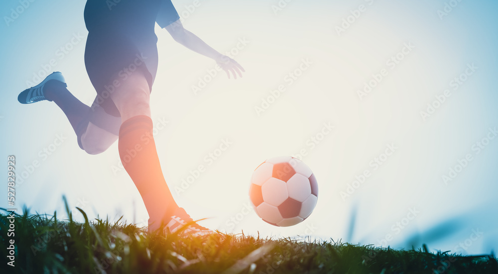 Football soccer player shooting a ball on goal - obrazy, fototapety, plakaty 