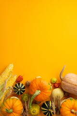 Thanksgiving day concept. Top view vertical photo of raw vegetables pumpkins pattypans gourd corn walnuts wheat and physalis on isolated orange background with copyspace