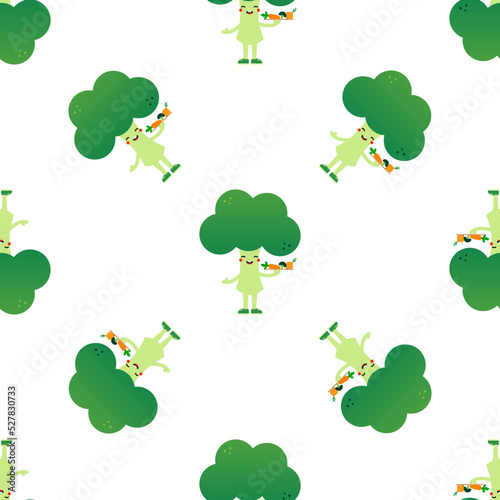 Cute smiling broccoli character holding a plate with fresh vegetables vector seamless pattern background. 