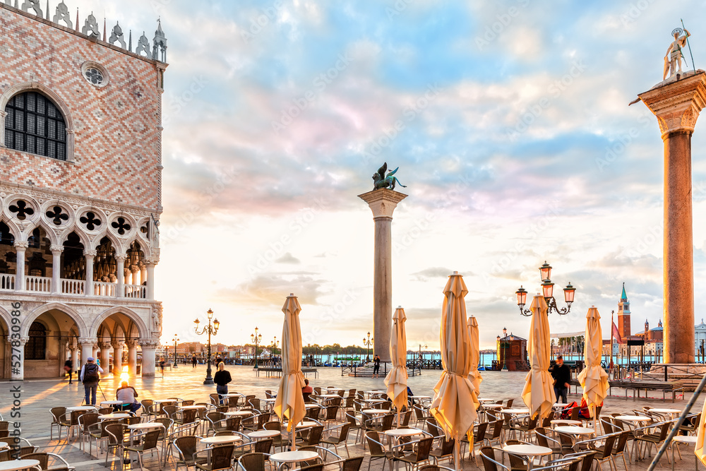 Venetian Cafe near Column of San Teodoro at sunrise, Venice, Italy