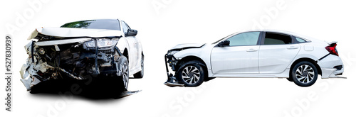Front and side view of white car get damaged by accident on the road. damaged cars after collision. Isolated on white background with clipping path