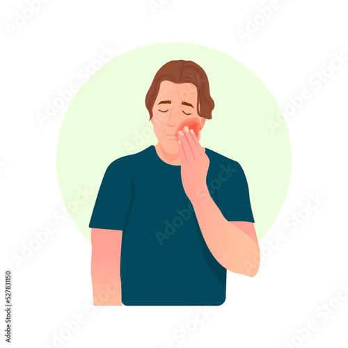 Man with rotten tooth and aching hold his cheek.