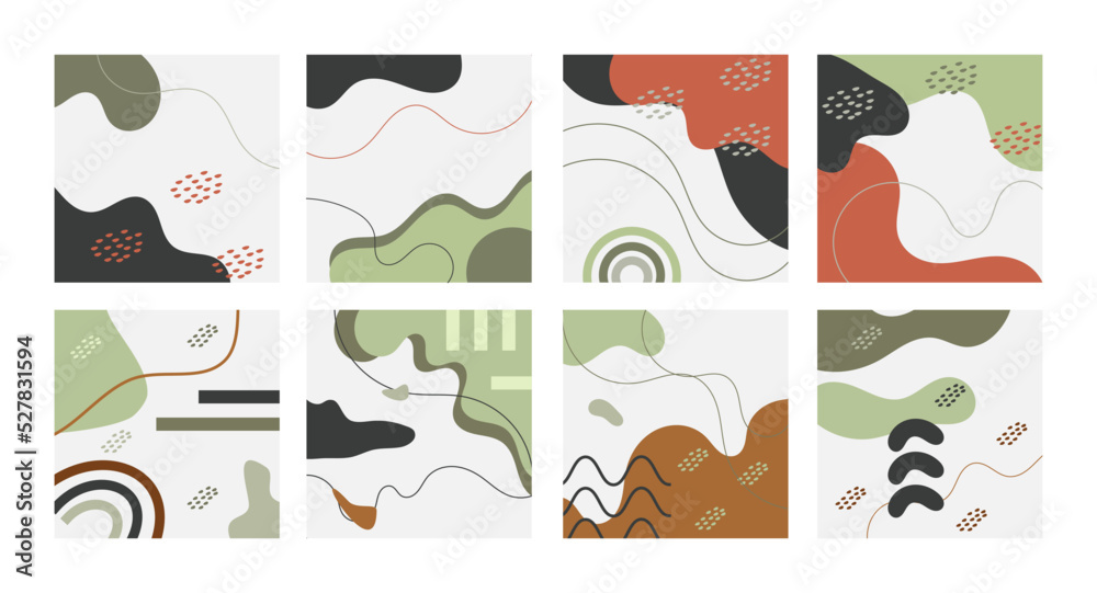 Set of abstract backgrounds. Hand drawn various shapes and doodle objects. Contemporary modern trendy vector illustrations. Every background is isolated. Hand drawn organic shapes.