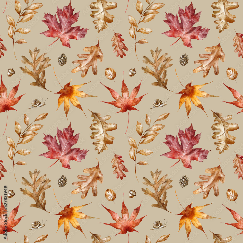 Watercolor autumn seamless pattern - Fall leaves