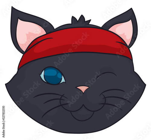 Tender black cat winking at you and wearing red bandana, Vector illustration