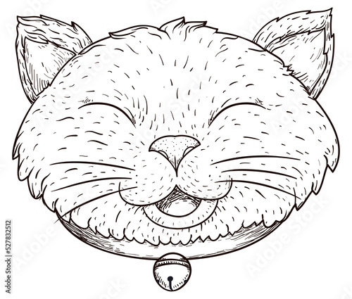 Drawing of a smiling cat with closed eyes and jingle bell, Vector illustration