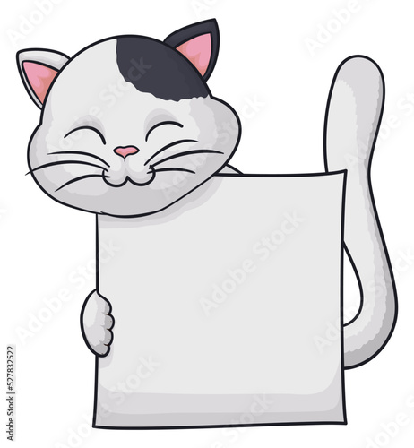 Cat with black and white fur behind empty sign, Vector illustration