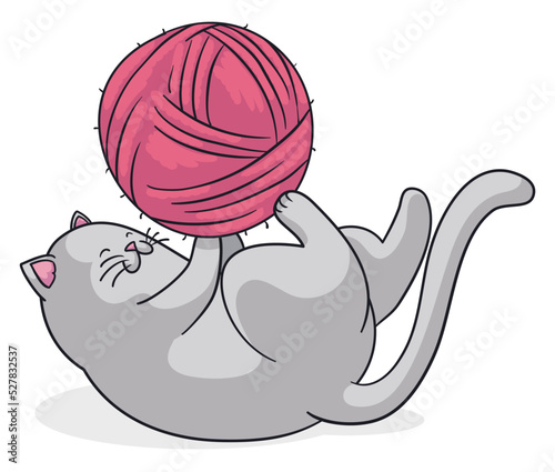 Cute cat entertained with big wool ball, Vector illustration