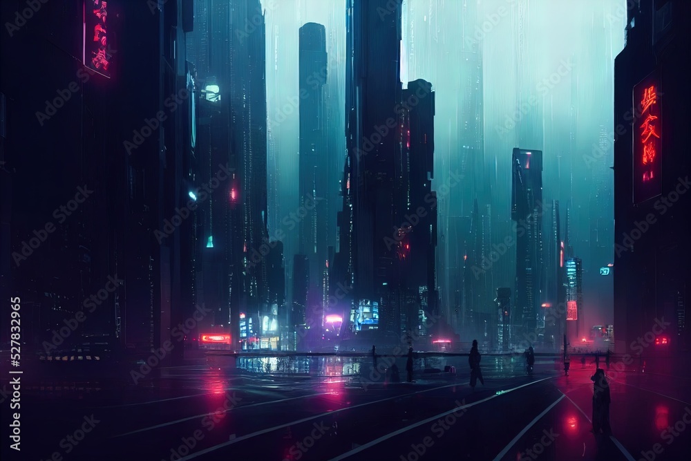 Asian, japanese cyberpunk futuristic city. Dark rainy day with sky scrapers. Dystopic future with neon signs and light. Advanced technological metropolis. Blade runner feeling. Digital artwork.
