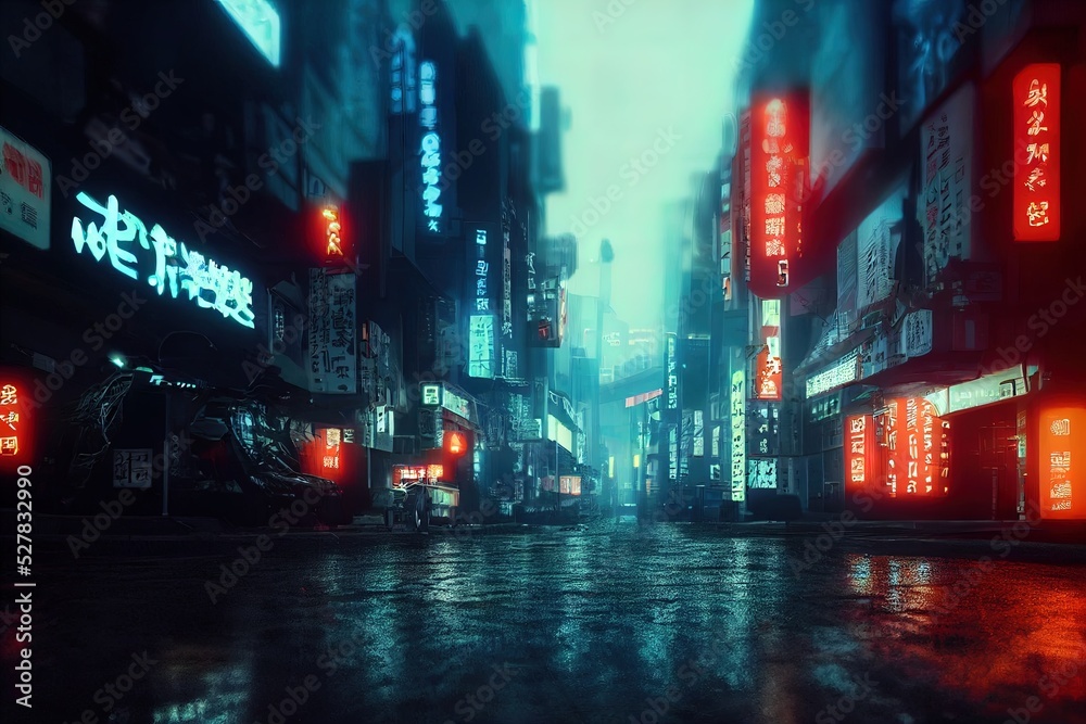 Asian, japanese cyberpunk futuristic city. Dark rainy day with sky scrapers. Dystopic future with neon signs and light. Advanced technological metropolis. Blade runner feeling. Digital artwork. - obrazy, fototapety, plakaty 