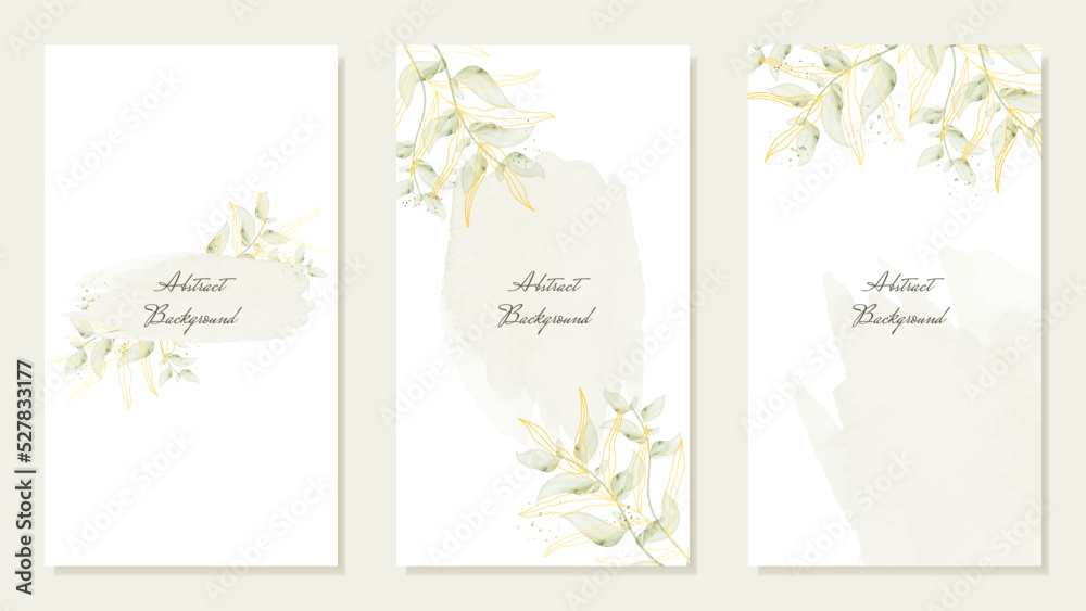 Abstract templates, banners for social media posts in gentle green tones with leaves and watercolours. Backgrounds for discounts and promotions, invitations. Vector