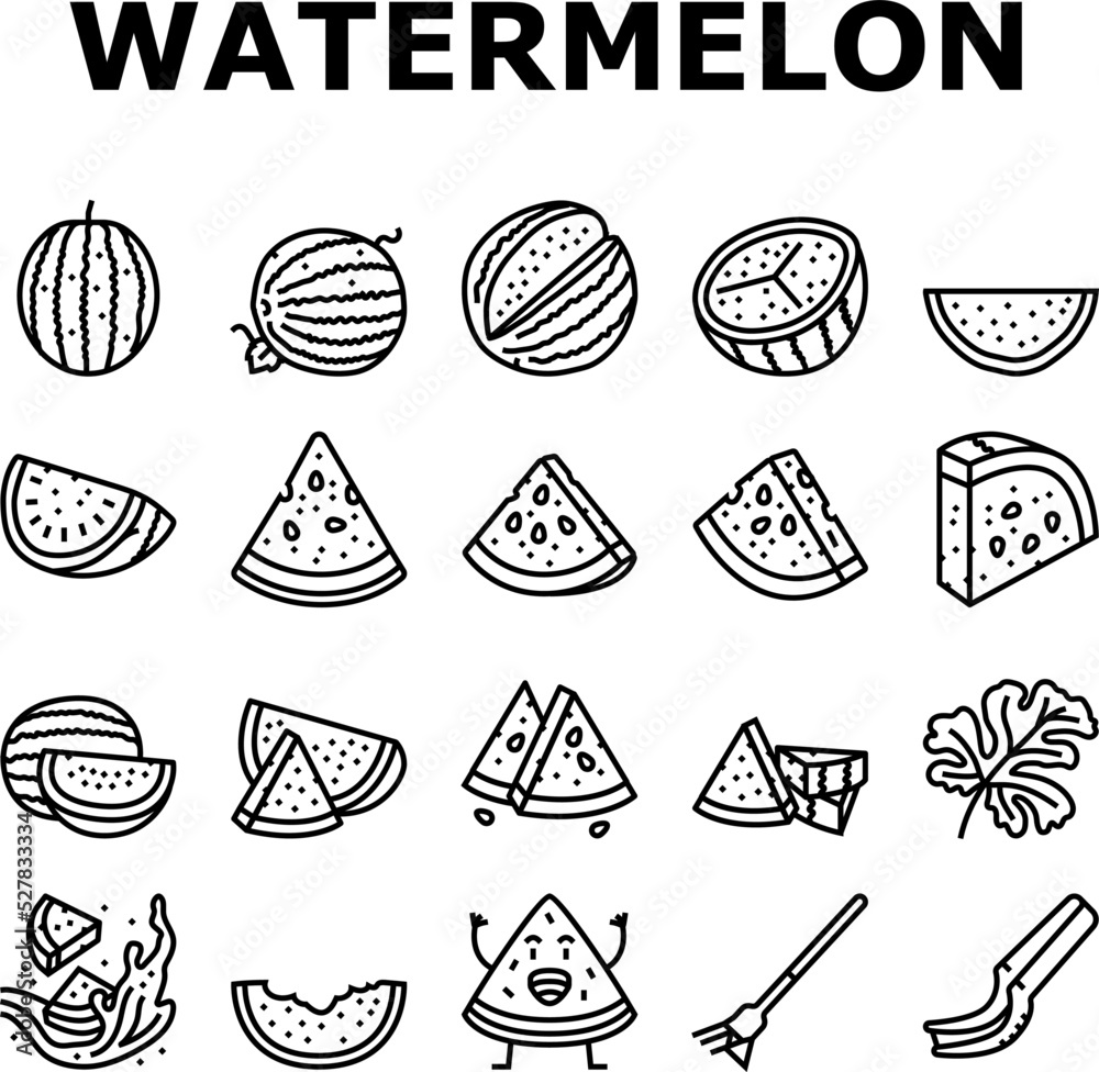 watermelon summer fruit slice icons set vector. melon red food, water juice, green fresh sweet, pink juicy, tropical seed watermelon summer fruit slice black contour illustrations