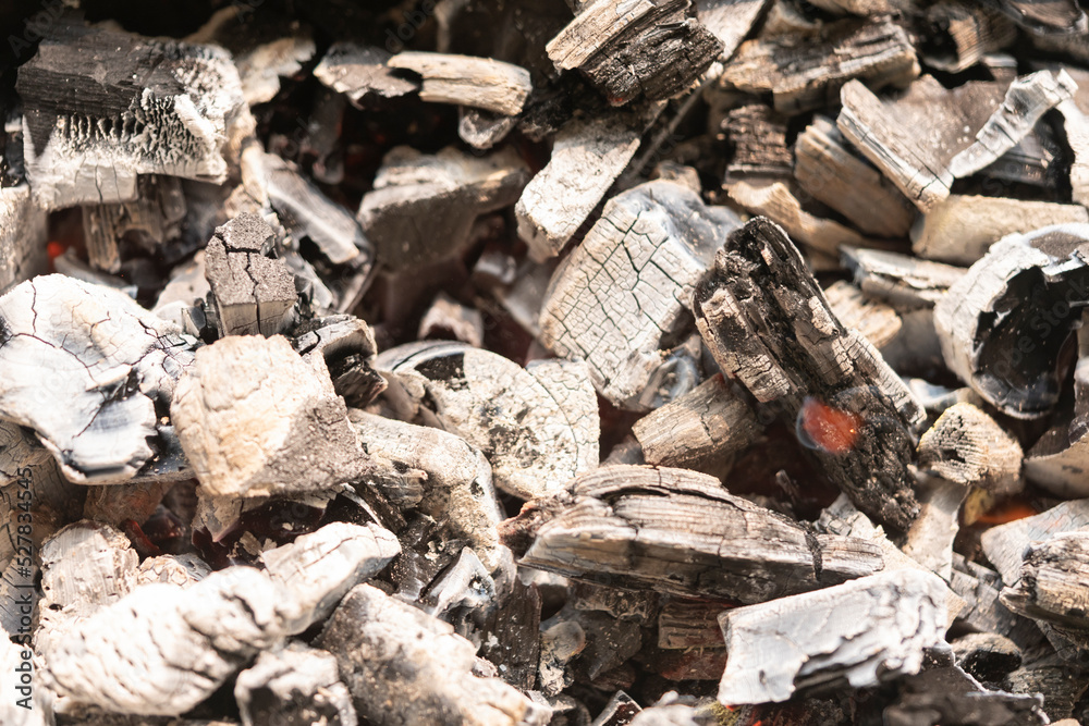 Black embers coals and white ash after a fire. White charred pieces of wood Black embers coals and white ash after a fire. White charred pieces of wood