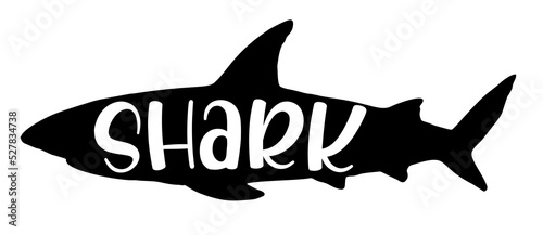 the silhouette of a shark with the word Shark inside. sea shark lettering black silhouette, isolated element for design template
