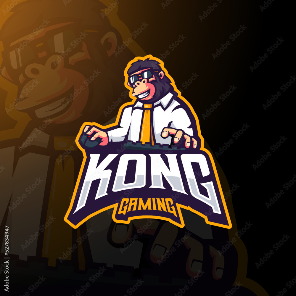 Obraz premium Gorilla Kong gaming wearing glasses and office wear holding keyboard and mouse mascot logo design illustration vector for esport