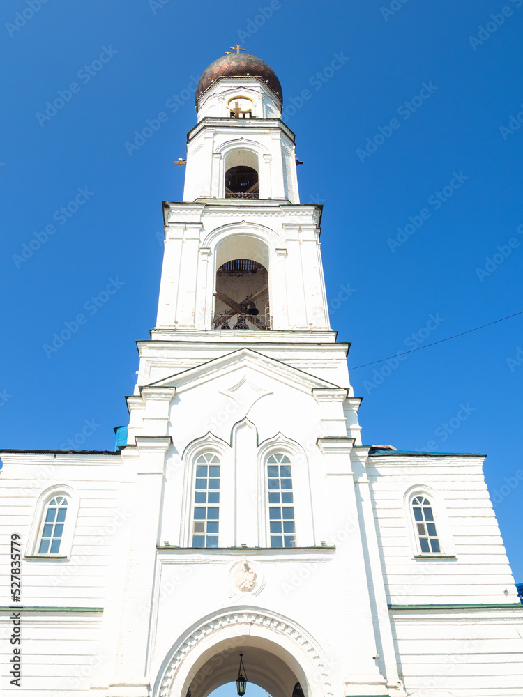 Fototapeta premium gate temple consecrated in honor of Archangel Michael and bell tower of Raifa Bogoroditsky Monastery. It is the largest active male monastery of Kazan diocese of Russian Orthodox Church