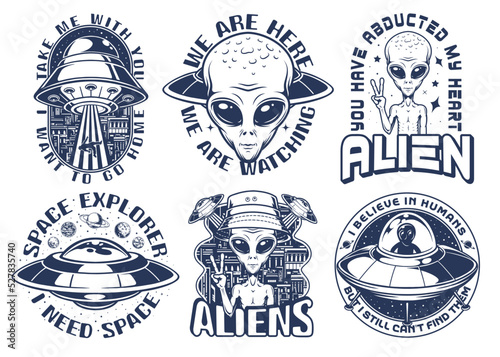 Martians set vintage flyers monochrome