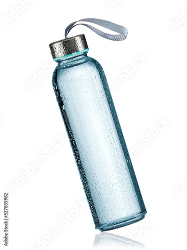 Glass sport water bottle with metal top and drops on white background
