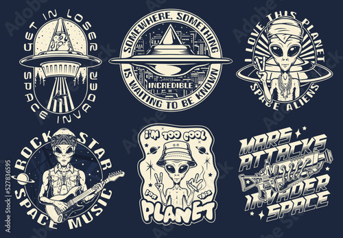 Aliens set vintage monochrome stickers