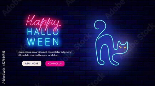 Happy Halloween neon flyer on brick wall. Blue witch cat icon. Scary holiday party promotion. Vector stock illustration