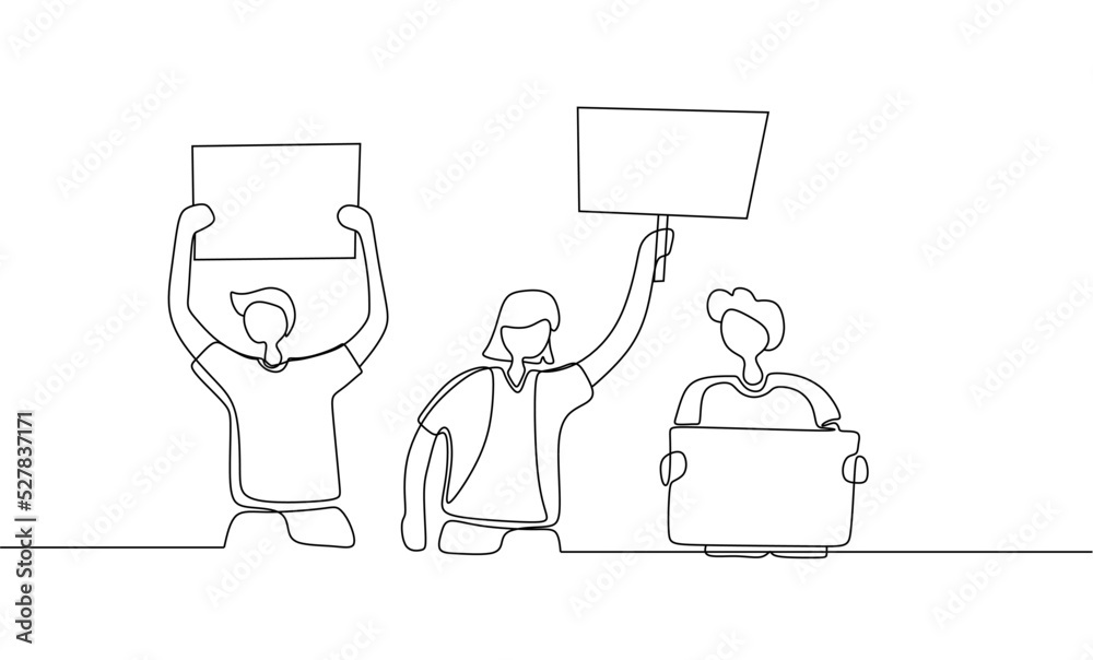 Protesters crowd single line. One continuous line drawing, illustration, background. Continuous one line drawing, Activists protest. Political riot sign banners, people. Protesters crowd single line. One continuous line drawing, illustration, background. Continuous one line drawing, Activists protest. Political riot sign banners, people.