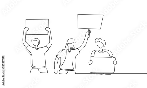Protesters crowd single line. One continuous line drawing, illustration, background. Continuous one line drawing, Activists protest. Political riot sign banners, people.