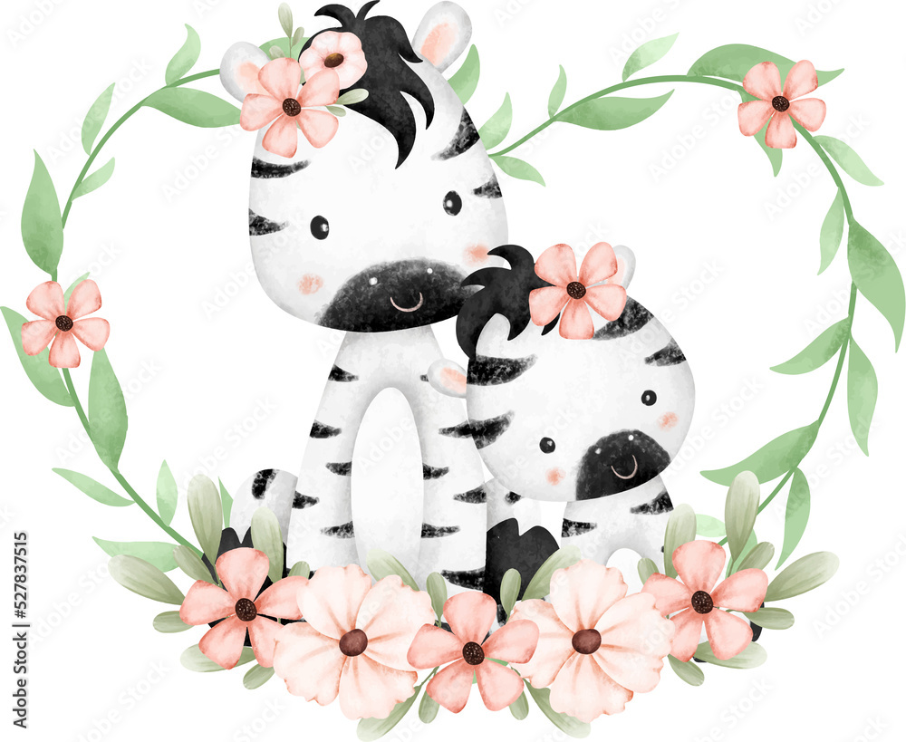 Cute zebra and baby in flower wreath