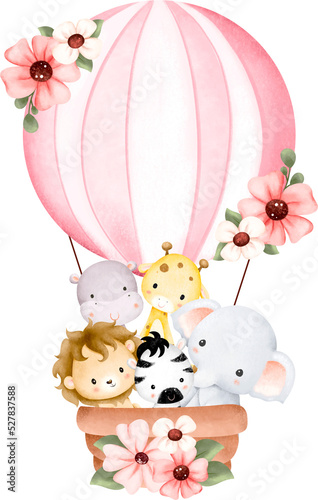 Photography cute safari animals flying with hot air balloon