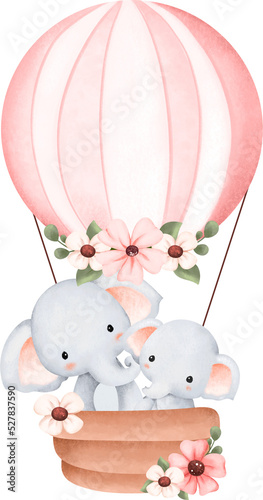 Canvas Print Cute elephants flying with hot air balloon