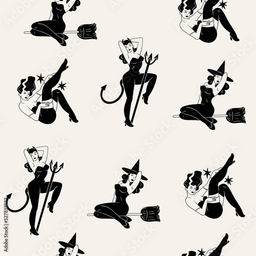 Beautiful young monster girl, devil with pitchfork, witch on broom. Cute ladies. Pin-up, retro style. Halloween costume concept. Hand drawn modern Vector illustration. Square seamless Pattern
