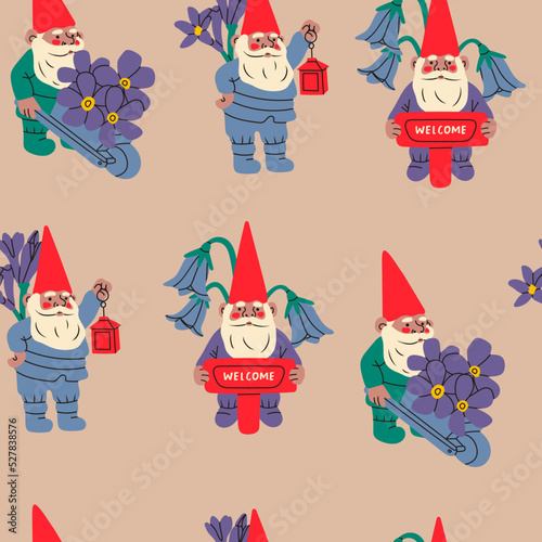 Set of Garden gnomes. Hand drawn modern Vector illustration. Poster, background, wallpaper, design template. Cute fairy tale characters. Garden elves. Cartoon style. Square seamless Pattern