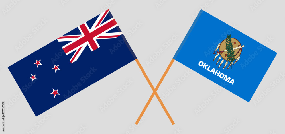 Crossed flags of New Zealand and The State of Oklahoma. Official colors. Correct proportion Crossed flags of New Zealand and The State of Oklahoma. Official colors. Correct proportion