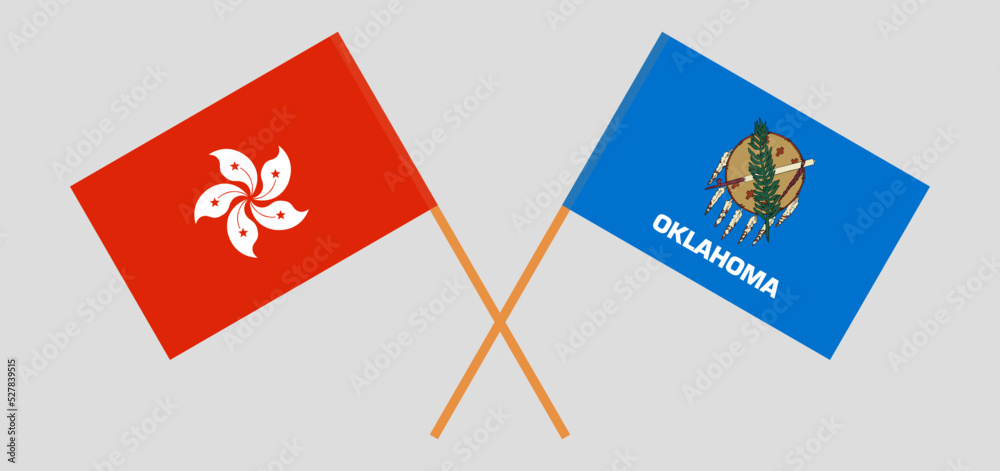 Crossed flags of Hong Kong and The State of Oklahoma. Official colors. Correct proportion Crossed flags of Hong Kong and The State of Oklahoma. Official colors. Correct proportion