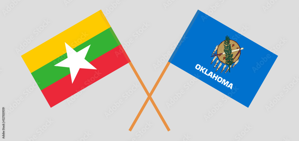 Crossed flags of Myanmar and The State of Oklahoma. Official colors. Correct proportion Crossed flags of Myanmar and The State of Oklahoma. Official colors. Correct proportion