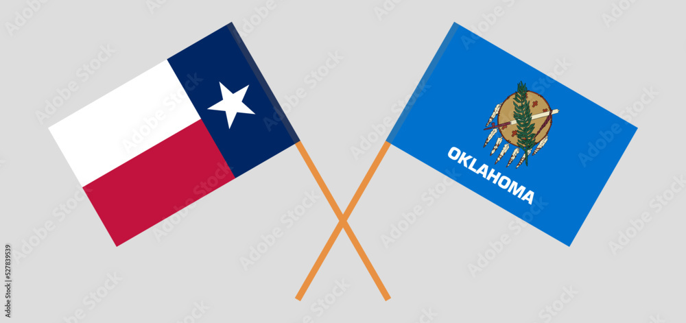 Crossed flags of the State of Texas and The State of Oklahoma. Official colors. Correct proportion Crossed flags of the State of Texas and The State of Oklahoma. Official colors. Correct proportion