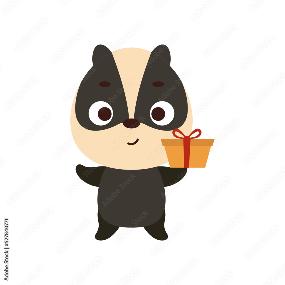 Cute little badger with gift box on white background. Cartoon animal character for kids t-shirt, nursery decoration, baby shower, greeting card, invitation, house interior. Vector stock illustration