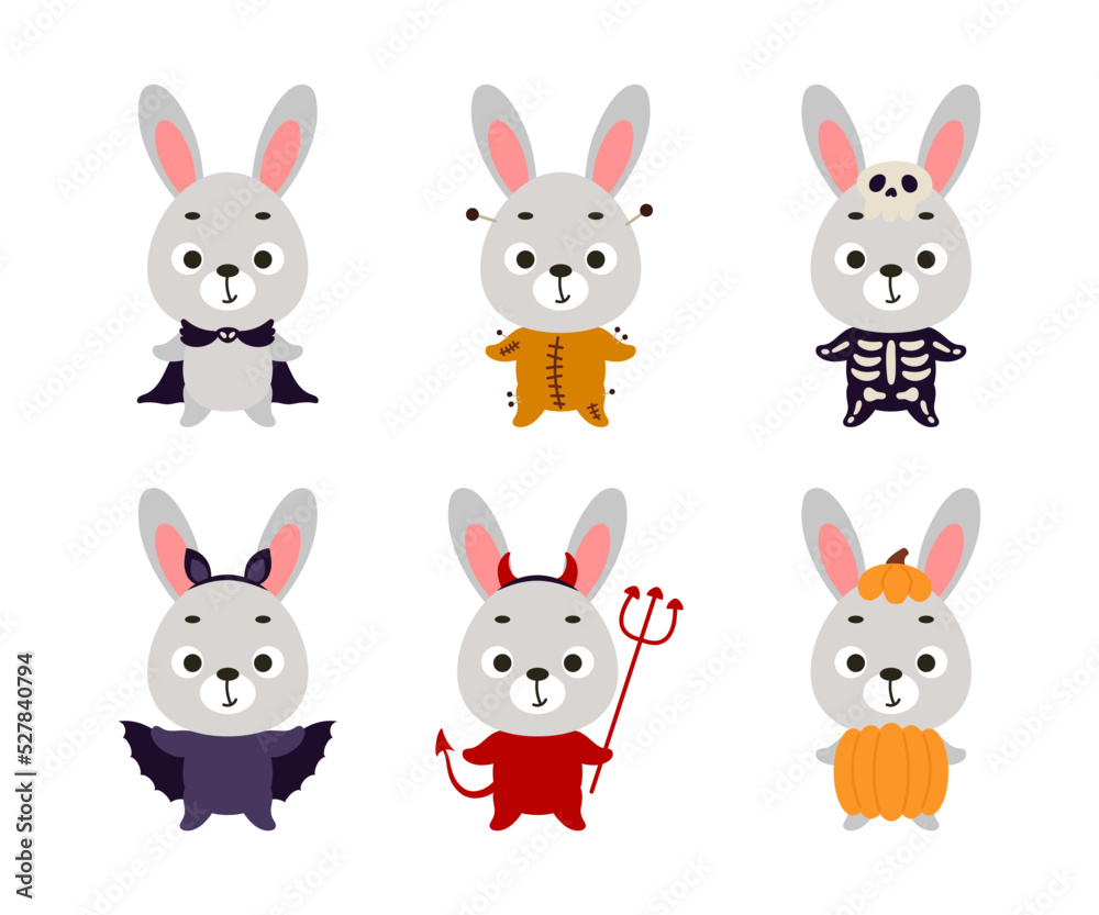 Cute Halloween rabbit set. Cartoon animal character collection for kids t-shirts, nursery decoration, baby shower, greeting card, invitation. Vector stock illustration Cute Halloween rabbit set. Cartoon animal character collection for kids t-shirts, nursery decoration, baby shower, greeting card, invitation. Vector stock illustration