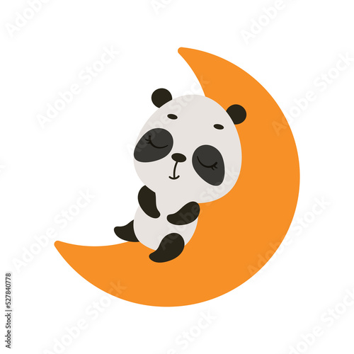 Cute little panda sleeping on moon. Cartoon animal character for kids t-shirt, nursery decoration, baby shower, greeting cards, invitations, house interior. Vector stock illustration