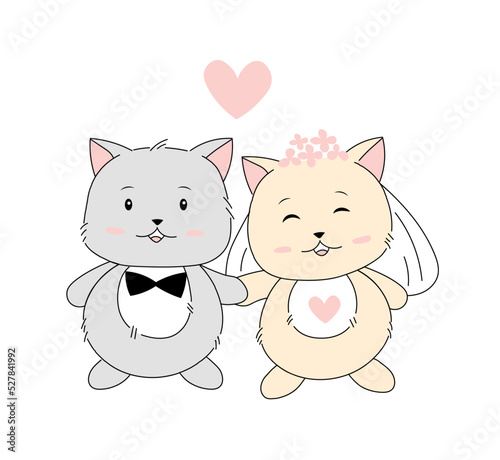 Cute happy kawaii cat wedding. Postcard, invitation. Romantic sweet kittens.