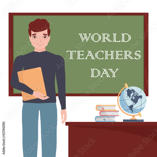 Happy teacher's day.Greeting card to teacher near school blackboard.Vector illustration.