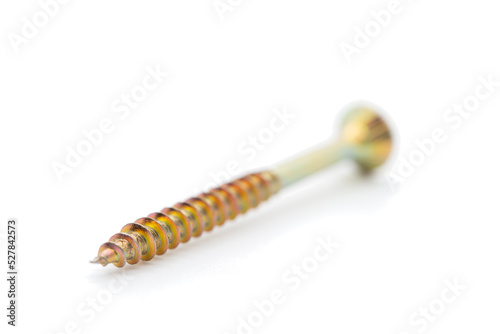 Screws in a close up, wood screws, white background, cropped image