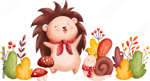 Watercolor Illustration hedgehog and snail with autumn leaves