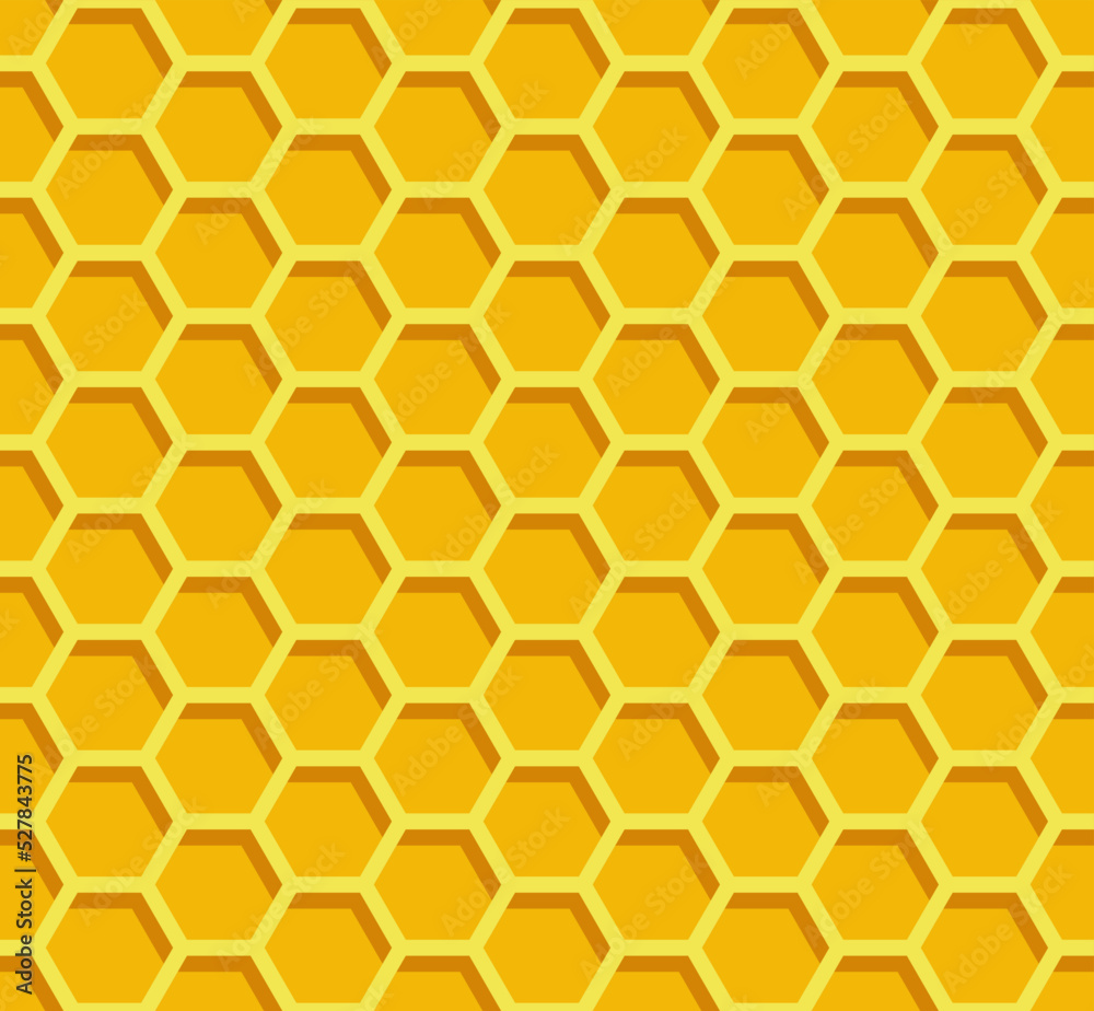 Fototapeta premium Honeycomb background. Beehive seamless pattern. Vector illustration of flat geometric texture symbol. Hexagon, hexagonal raster, sign or mosaic cell icon. Honey bee hive, golden orange yellow.