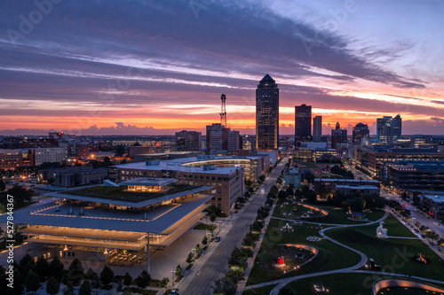 Western Gateway sunrise aerial looking downtown over Pappajohn Sculpture Park and Krause Gateway Center.