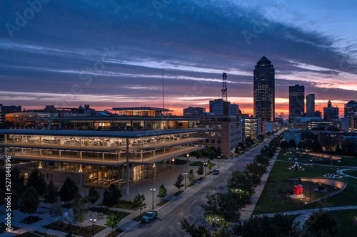 Aerial view of Krause Gateway Center and Western Gateway of Des Moines looking toward downtown skyline