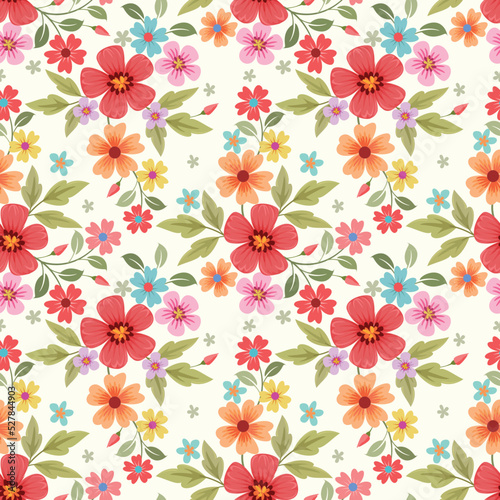 Blooming colorful flowers in seamless pattern. Can be used for fabric textile wallpaper.