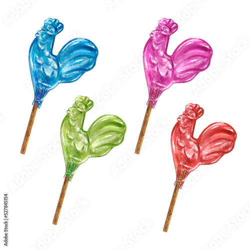 Fotografija Set of cockerel lollipops: blue, green, pink, red
